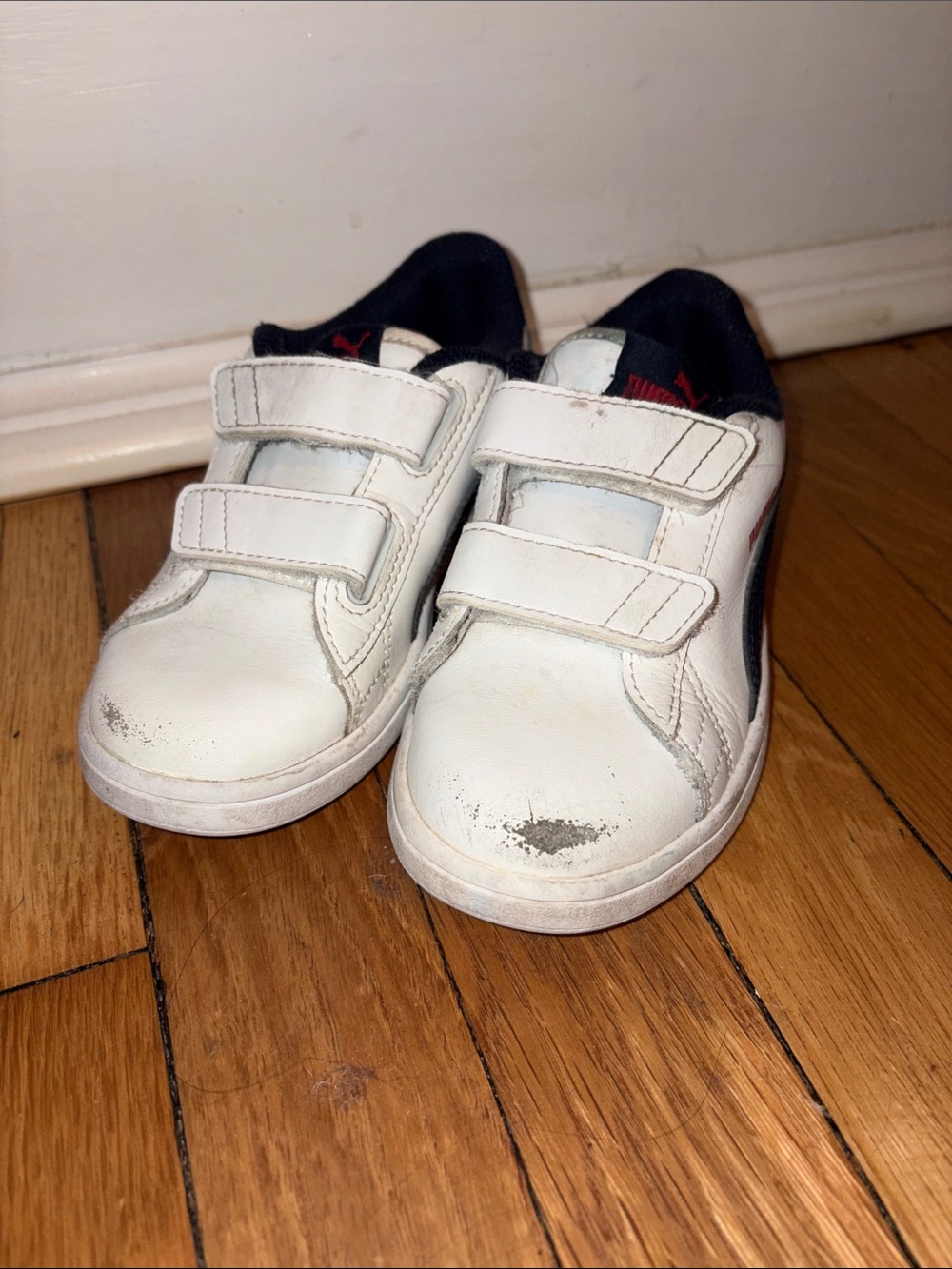 Kids Puma White Velcro Sneakers with Navy Accents
